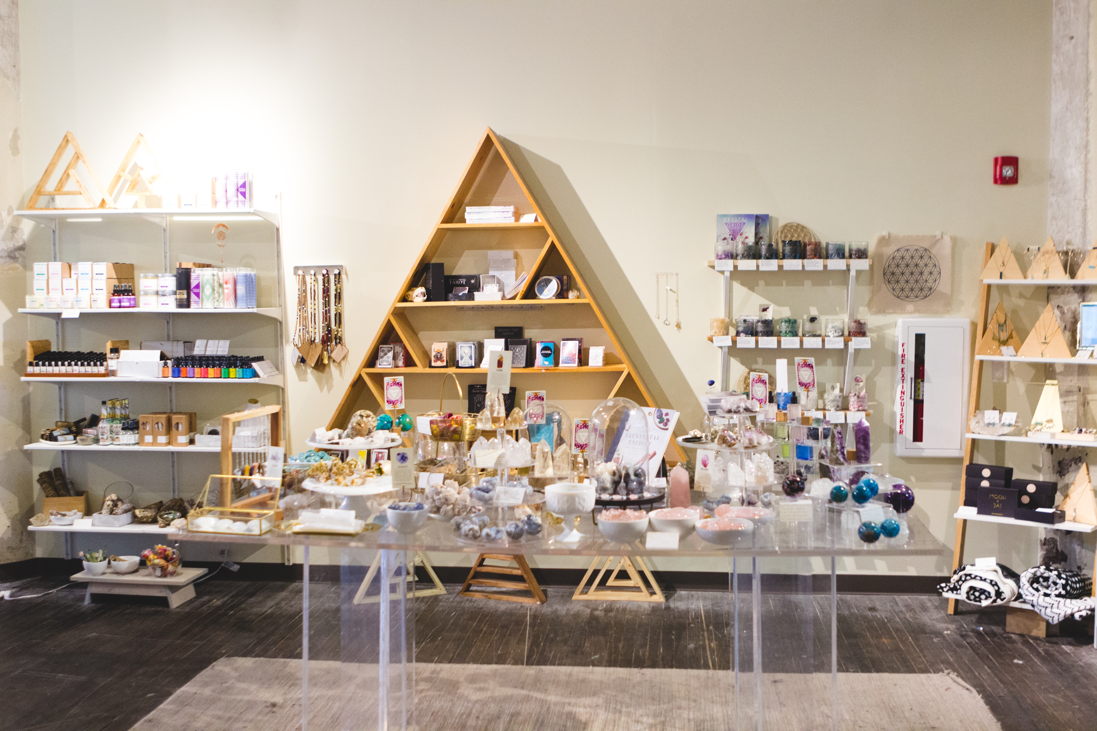 Local Gem and crystal stone store with cool modern chic decor, light and airy feel